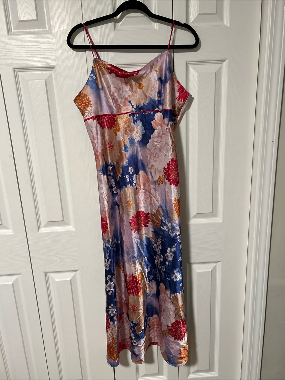 vintage anne klein Floral Satin Slip midi maxi Dress cowl neck navy Pink red